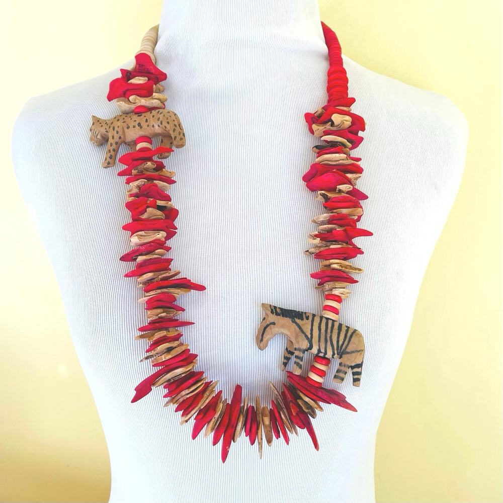 Artisan Safari Wood Carved Wood Cheetah Zebra Disc Necklace African Tribal Boho - Picture 4 of 11